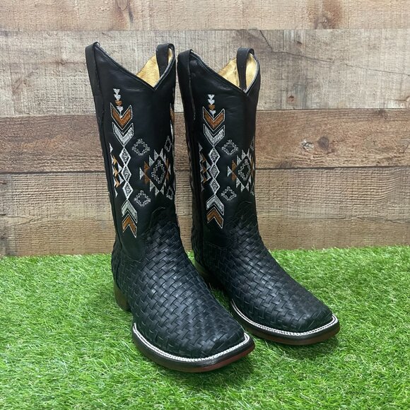 Women's Western Rodeo Cowgirl Black Square Toe Genuine Leather Handwoven Boots - Picture 3 of 8